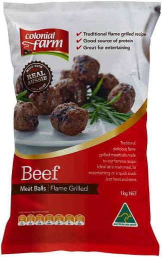COLONIAL FARM MEATBALLS FLAMEGRILLED BAG 1KG Pack Size: 5