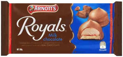 ARNOTTS BISCUITS CHOCOLATE ROYALS MILK 200GM Pack Size: 12