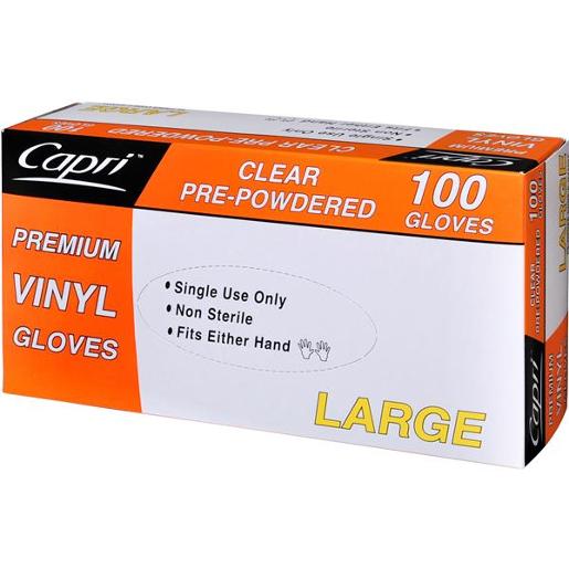 CAPRI PREMIUM VINYL CLEAR LARGE GLOVES PRE-POWERED 100S Pack Size: 10