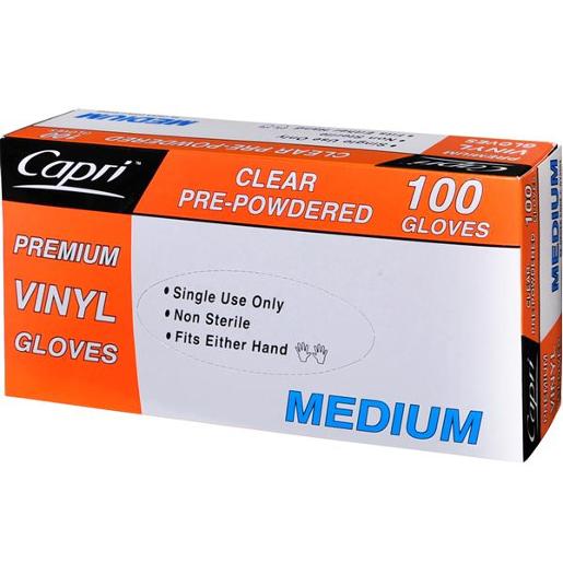 CAPRI PREMIUM VINYL CLEAR MEDIUM GLOVES PRE-POWERED 100S Pack Size: 10