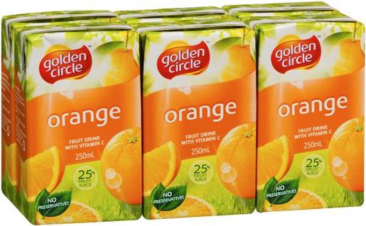 GOLDEN CIRCLE ORANGE JUICE 6 PACK 250ML Pack Size: 4